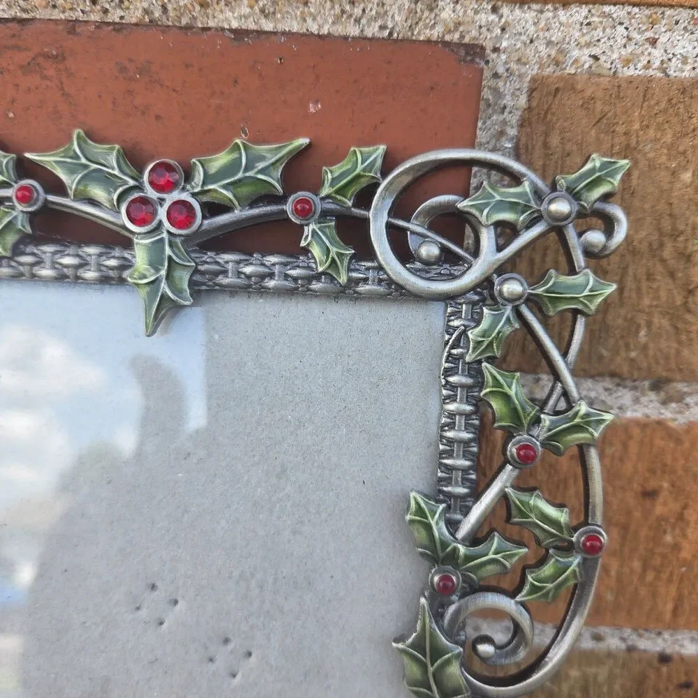 Ornate Metal Holly Berry 4x6 Picture Frame Christmas Red Rhinestone Decor